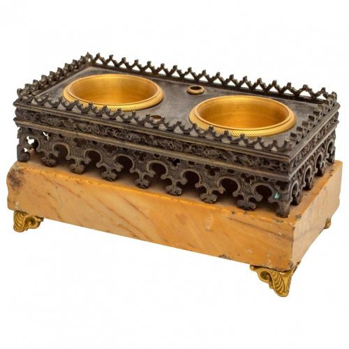 Charles X Gothic Revival Gilt and Patinated Bronze and Siena Marble Inkwell